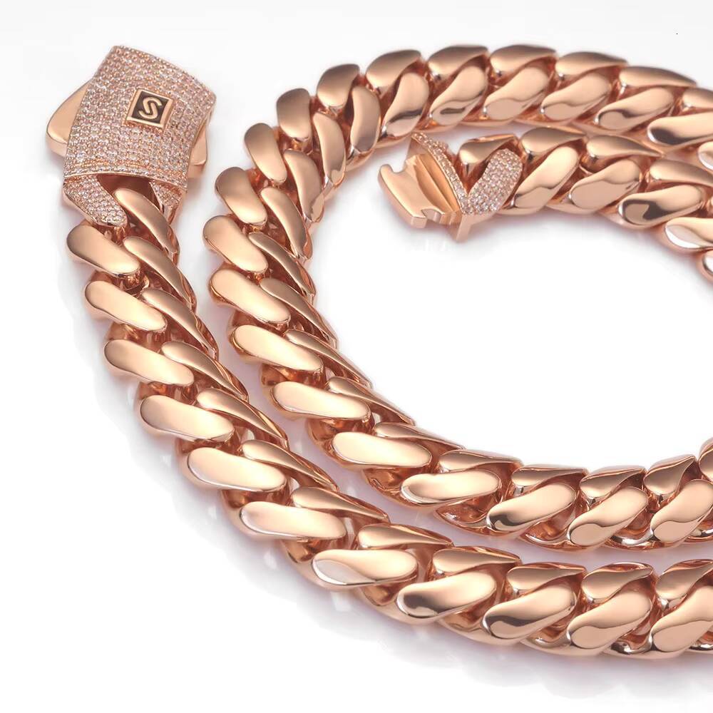 Moissanite Rose Gold Cuban Link Chain Necklace with Iced Out Diamond Clasp Thick Flat Monaco Cuban Chain Hip Hop Jewelry Gift