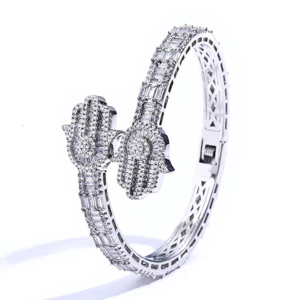Moissanite Hip Hop Jewelry Micro Pave Baguette CZ Stone Iced Out Hamsa Hand Charm Bangle Bracelet for Men Women