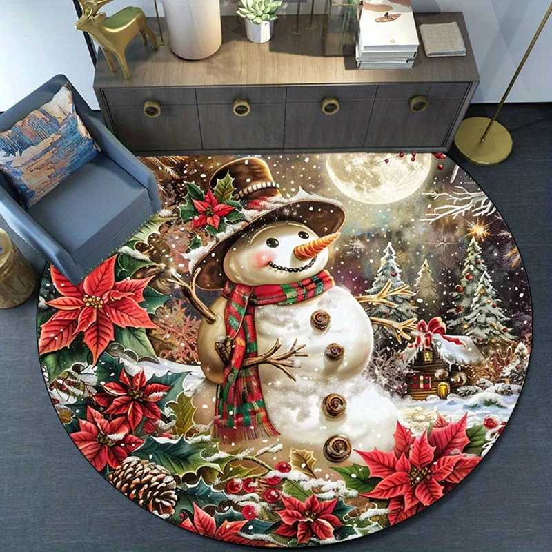 Round Crystal Velvet Rug Christmas Snowman Holiday Scene Red Poinsettia Floor Mat Home Decor Living Room Bedroom Carpet FestiveM251117