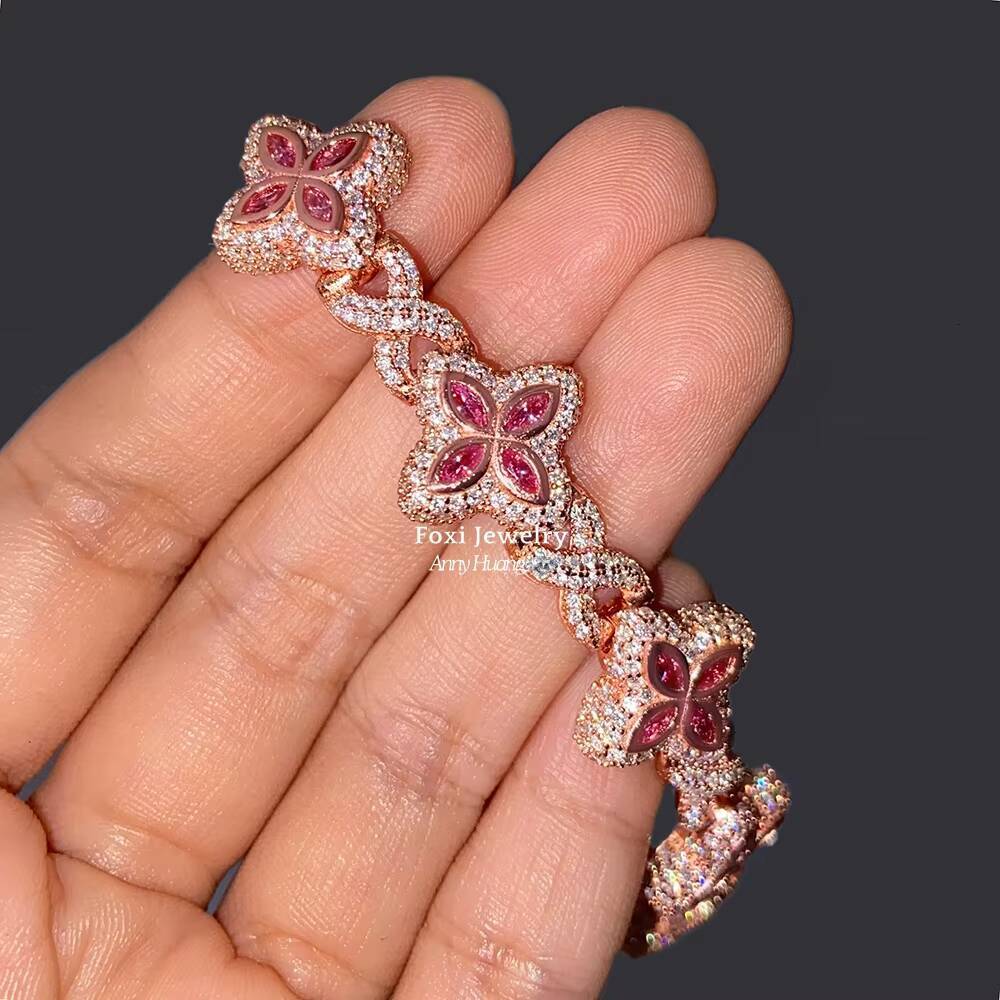 Rose Gold 15mm VVS Moissanite Clover Bracelet Men Hip Hop Iced Out 925 Silver Moissanite Clover Link Bracelet Tennis Bracelets