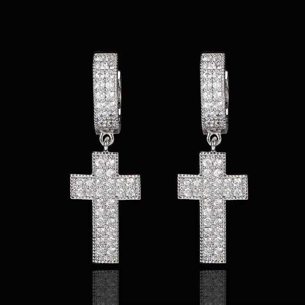 Laboratory cultivation of Moissanite Womens Iced Out Hip Hop Cross Earrings Fine Jewelry Shiny Diamond CZ Hoop Earrings