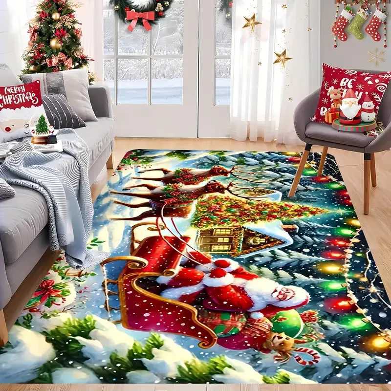 1PC Christmas Theme Sleigh Santa Claus Pattern Rug for Bedroom Living Room Dining Room Entrance Hall Outdoor Patio Area RugM251117