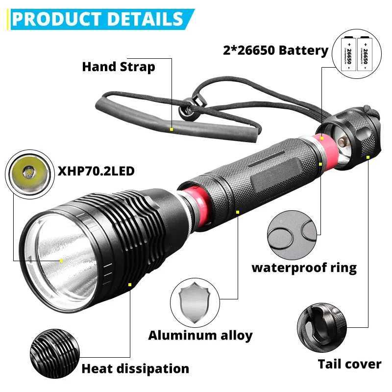 Super Bright XHP702 Diving Flashlight IPX8 Highest Waterproof Rating Professional Dive Light Powered By 26650 Battery Hand Rope M251117