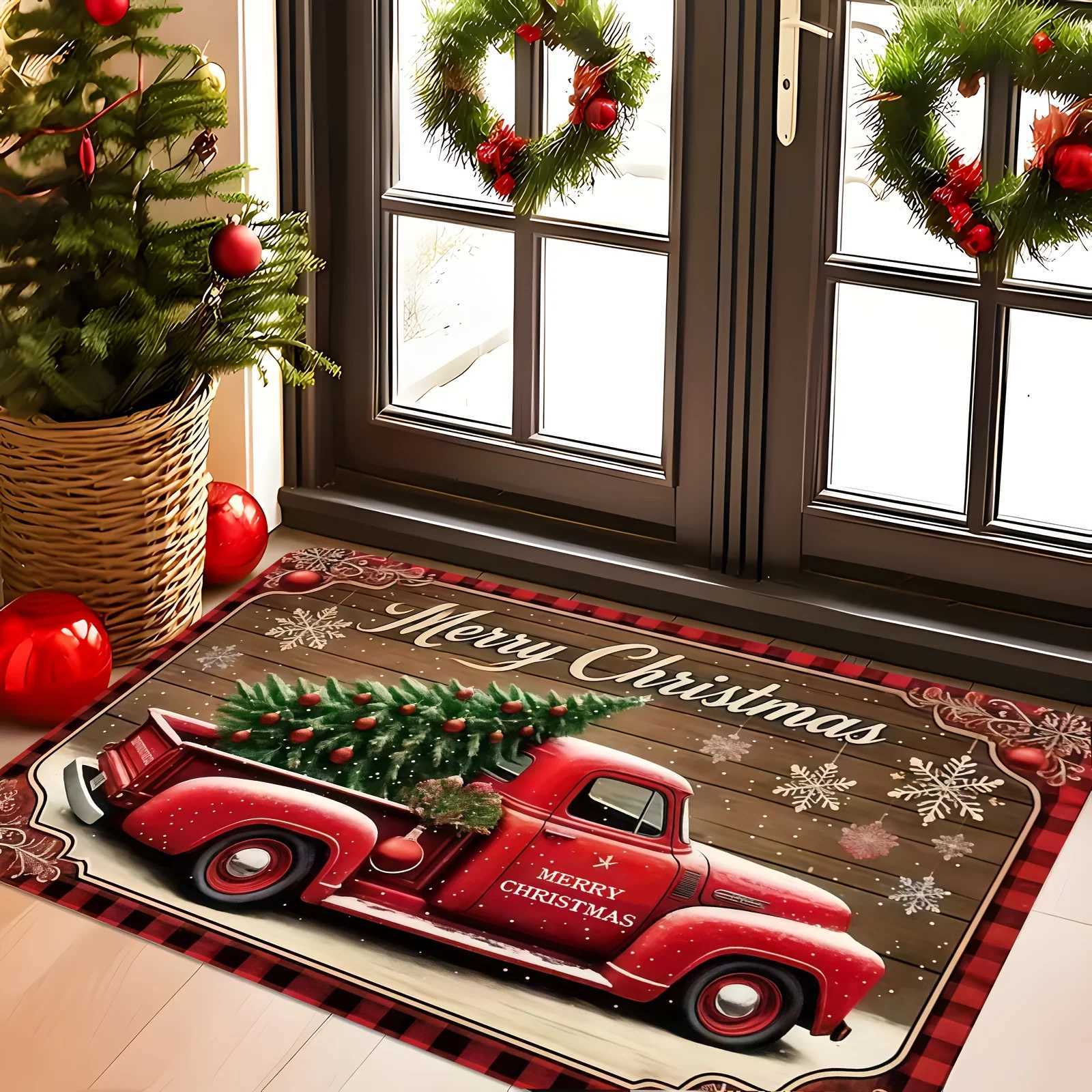 VIKAMA Merry Christmas Red Truck Print Festive Welcome Mat Winter Soft Non-Slip For Bathroom And Entrance Area Home DecorM251117