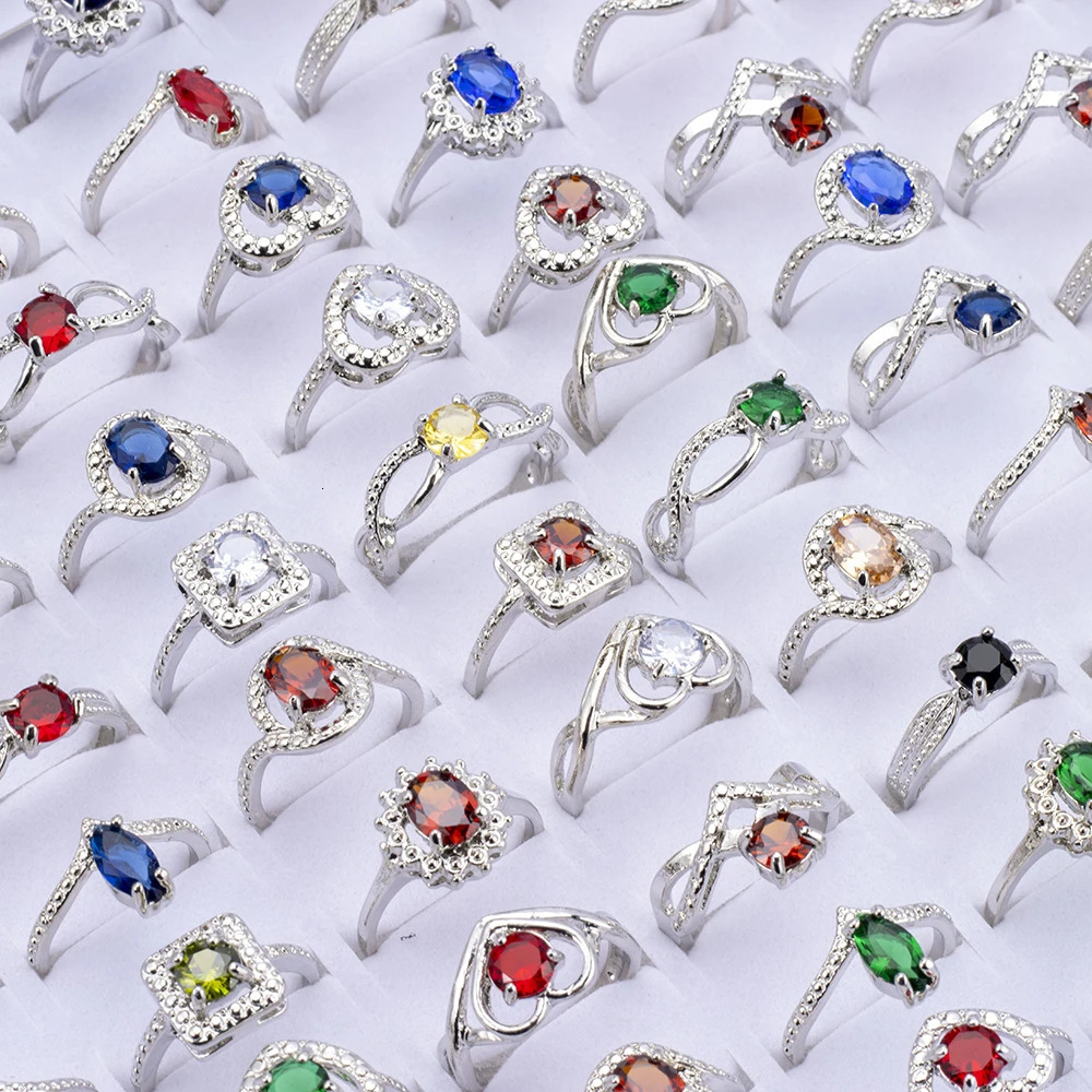 25Pcs/Lot Fashion Colorful Rhinestone Rings For Women Mix Style Engagement Wedding Jewelry Party Gifts Wholesale 251110