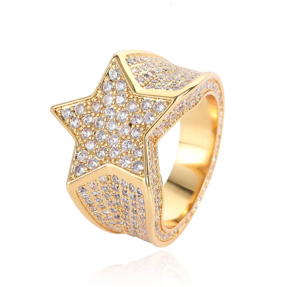 Moissanite Hip Hop Jewelry Diamond Rings Full Pave 3A CZ Stone Five Pointed Star Iced Out Rings for Men