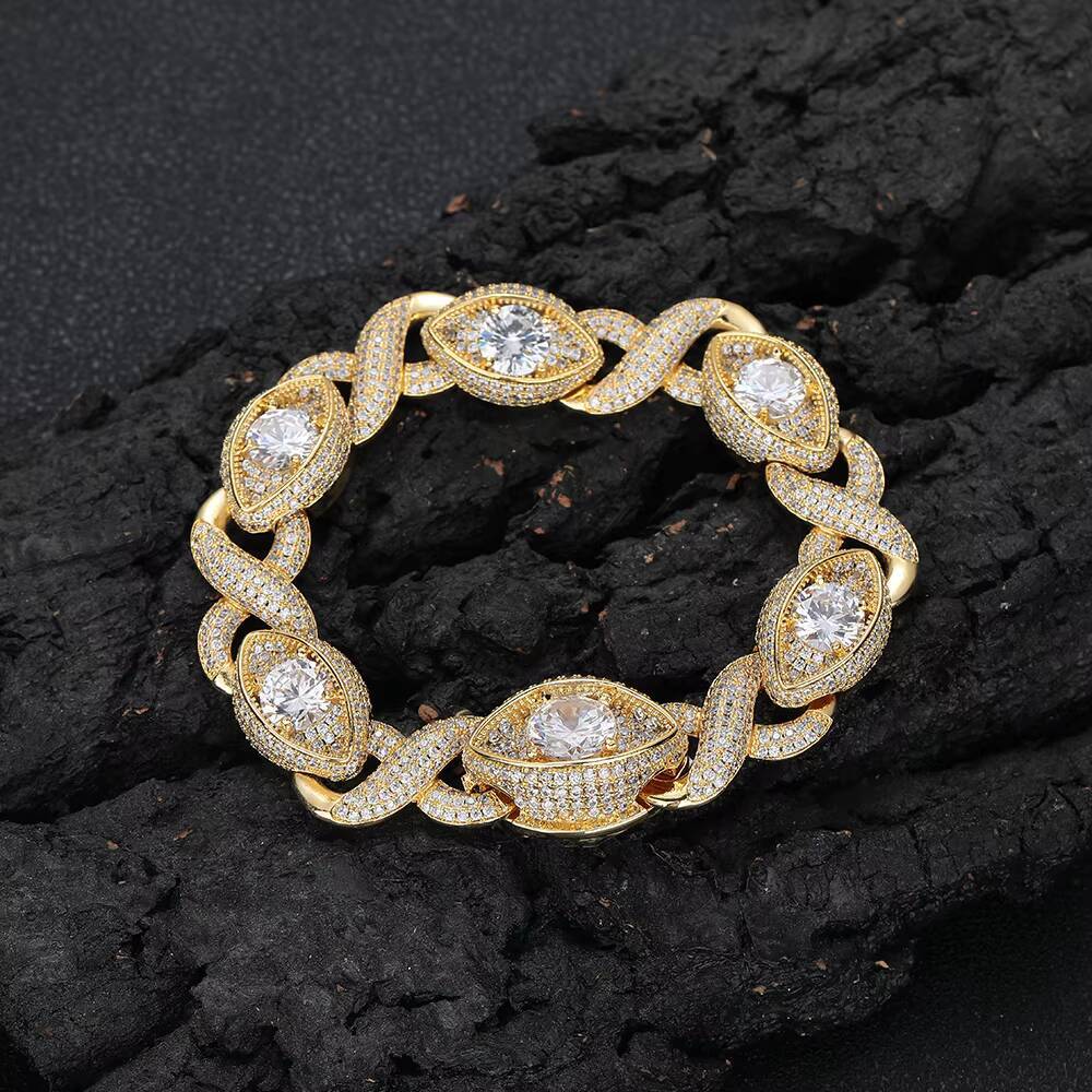 Moissanite 15mm Eye-Shaped Design Diamond Cuban Link Chain 18K Gold Plated Iced Out Zircon Cuban Chain Link Bracelet Women Fine Jewelry