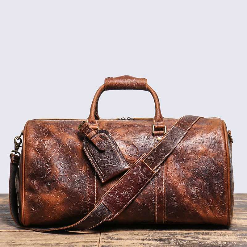LEATHFOCUS Retro Embossed Handbag Mens and Womens Leather Travel Bag Large Capacity Business Luggage Bag Weekend Fitness BagW250417
