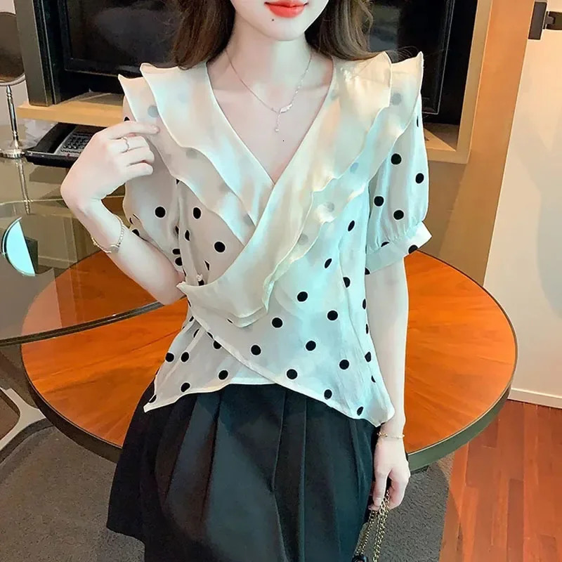 2025 Summer V-Neck Chiffon Women Blouse Short Sleeve Ruffles Dot Blouse Shirt Women Tops Blusa Blusas Camisas De Mujer G681 250417