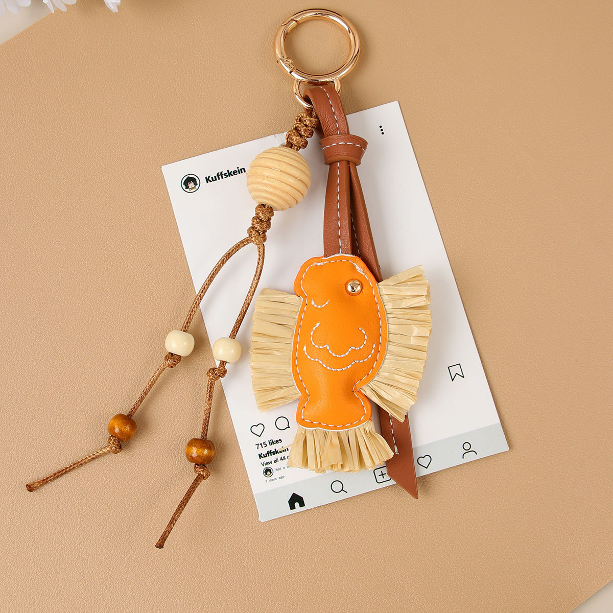 designer bag charm new year series yearly pu patchwork raffia small fish wooden bead woven rope creative bag pendant car hanging