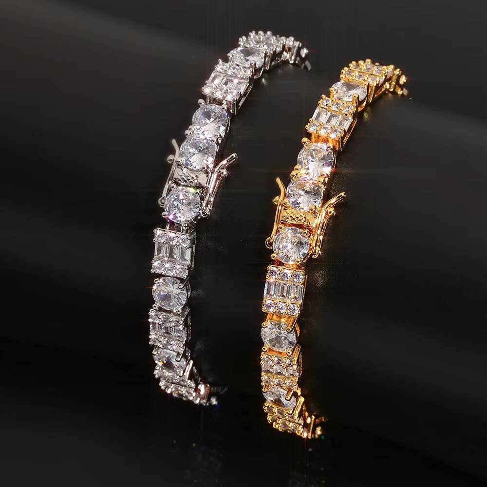 Moissanite Womens Hip Hop Tennis Chain Bracelet Iced Out Baguette Round Cut Zircon Silver Plated Diamond Fine Jewelry