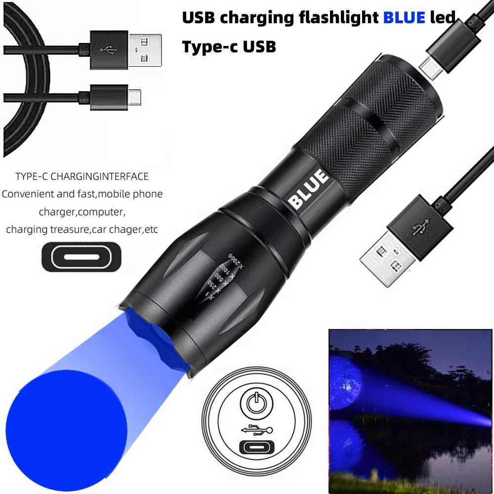 Flashlight LED Blue Light Blue Torch Hunting Type-c Rechargeable Outdoors Zoom Blood Tracking Light for Hunting Tactical torch M251117