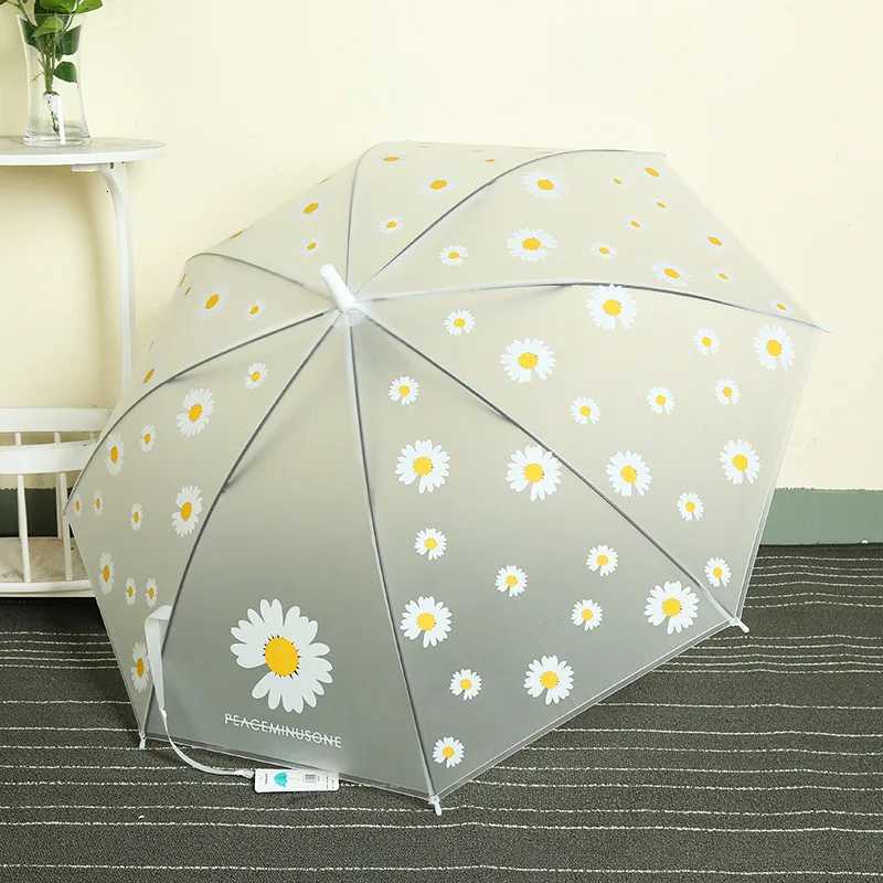 Transparent Daisy Long Handle Umbrella Super Light Flower Printing Umbrella 8 Bone Semi-Automatic Umbrellas for Women Kids C251117