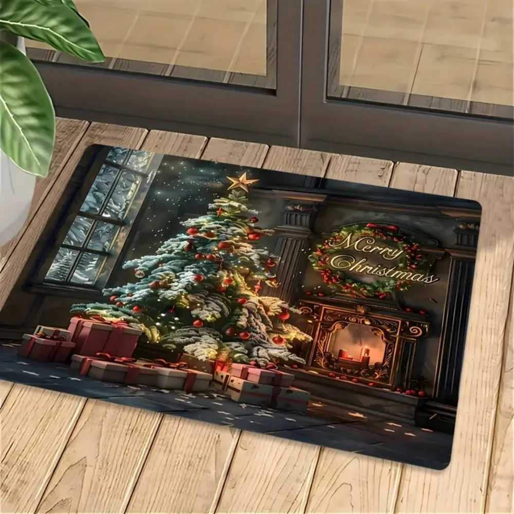 1pcs Merry Christmas Premium Flannel Christmas Tree Fireplace Doormat Strap Non-Slip Washable Rug for Kitchen Den BathroomM251117