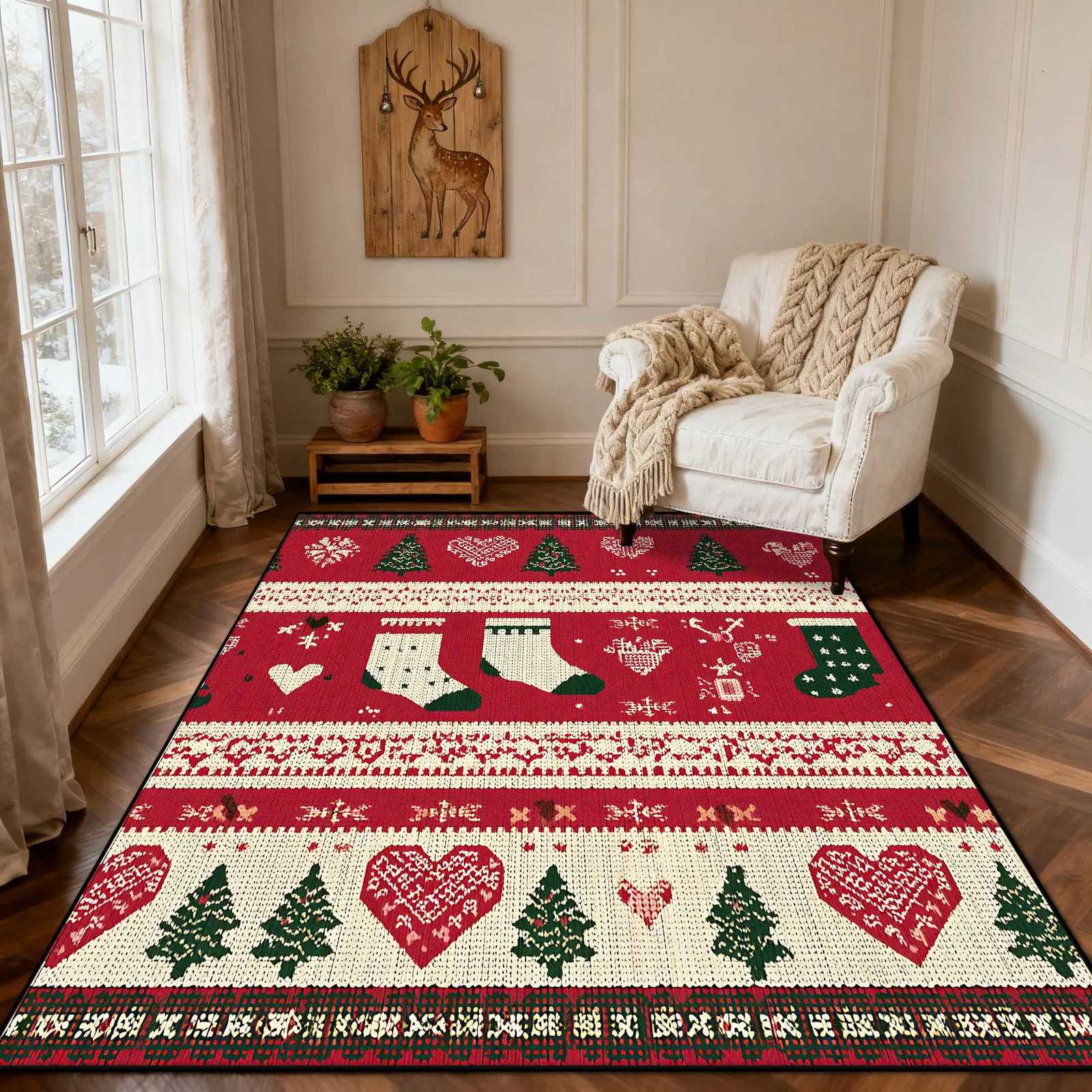 Christmas Style Red Living Room Carpet Christma Tree Decoration Bedroom Fluffy Thickened Rug Indoor Cloakroom Non-slip Floor MatM251117