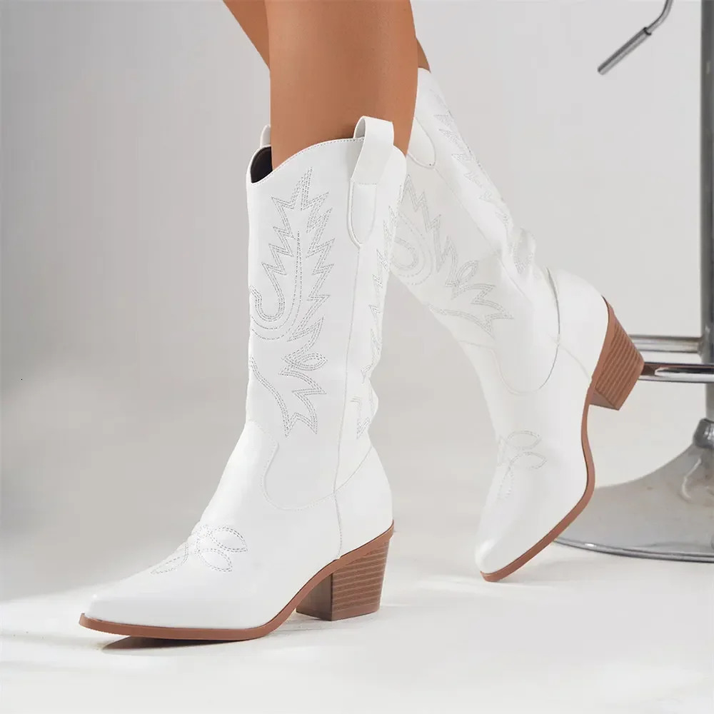 Plus size 43 High Quality Block Heels Mid-calf White Cowboy Boots Women Vintage Country Concert Western Boots Shoes 251111