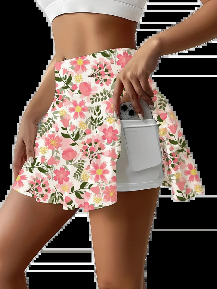 Womens floral print mini skirt with shorts elastic waist summer knitted fabric pink polyester canvas and pockets 250415Z