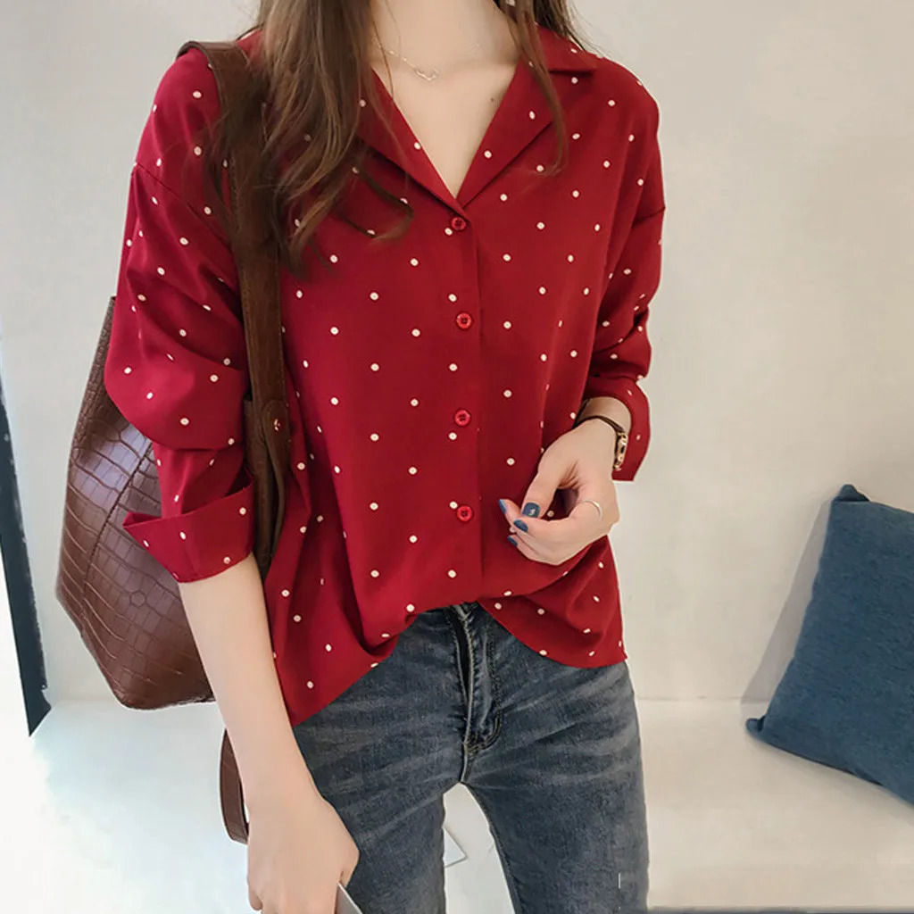 Women Casual Long Sleeve Polka Dot Turn-Down Collar Tops Button Shirts Female Autumn Commute Vintage Camisas De Mujer Elegant 250417
