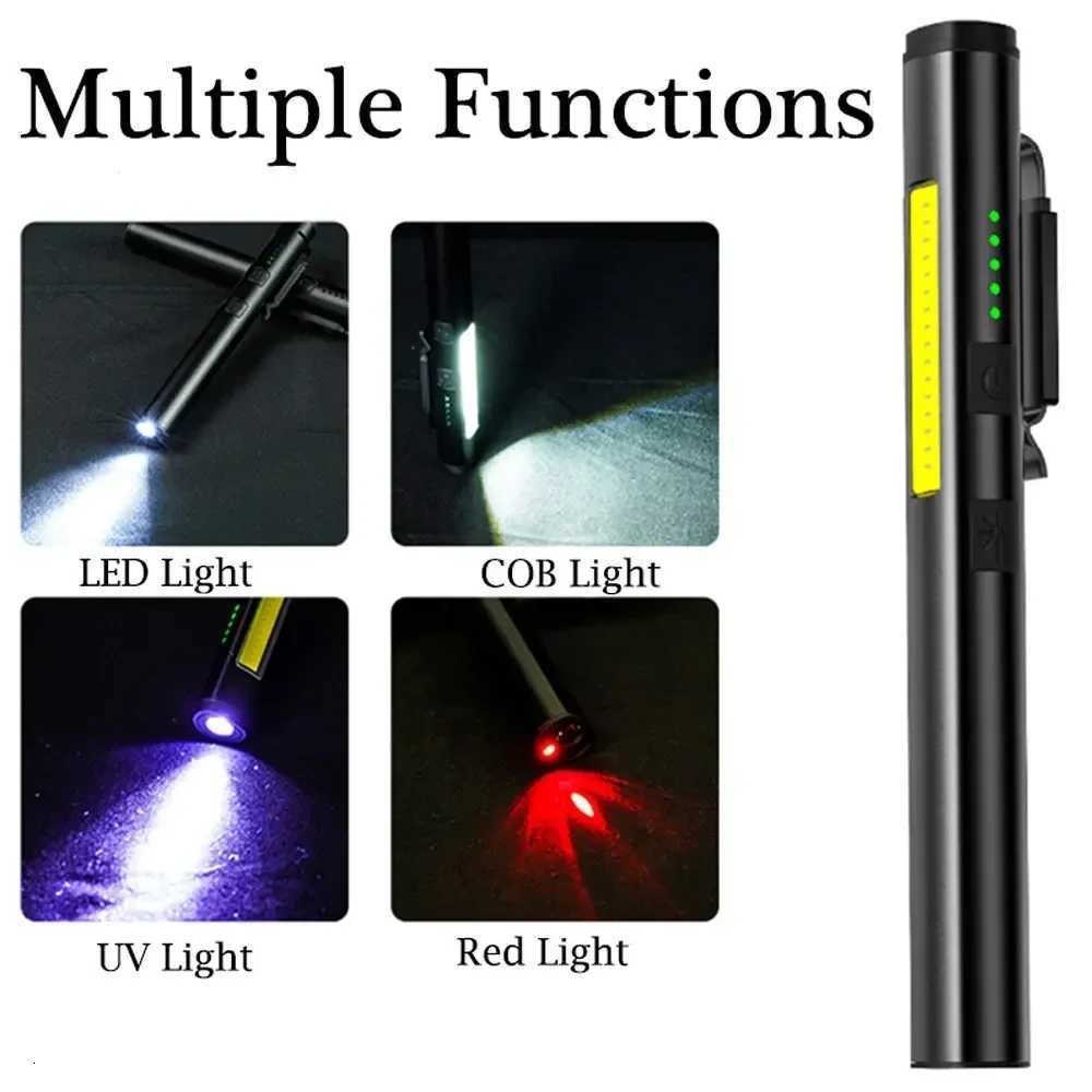 Multifunctional 4 in 1 LED Flashlight Mini USB Rechargeable 800mah Pen Clip Flashlight 365nm UV Light COB Camping Work Repair M251117