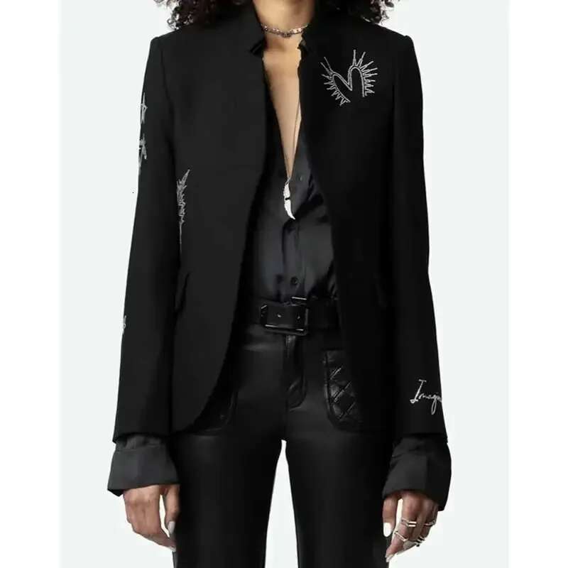 Strass Rhie Blazer Women Open Front Notched Collar Long Sleeve Decorative Pocket Flaps High Quality Blazer Jacket Female