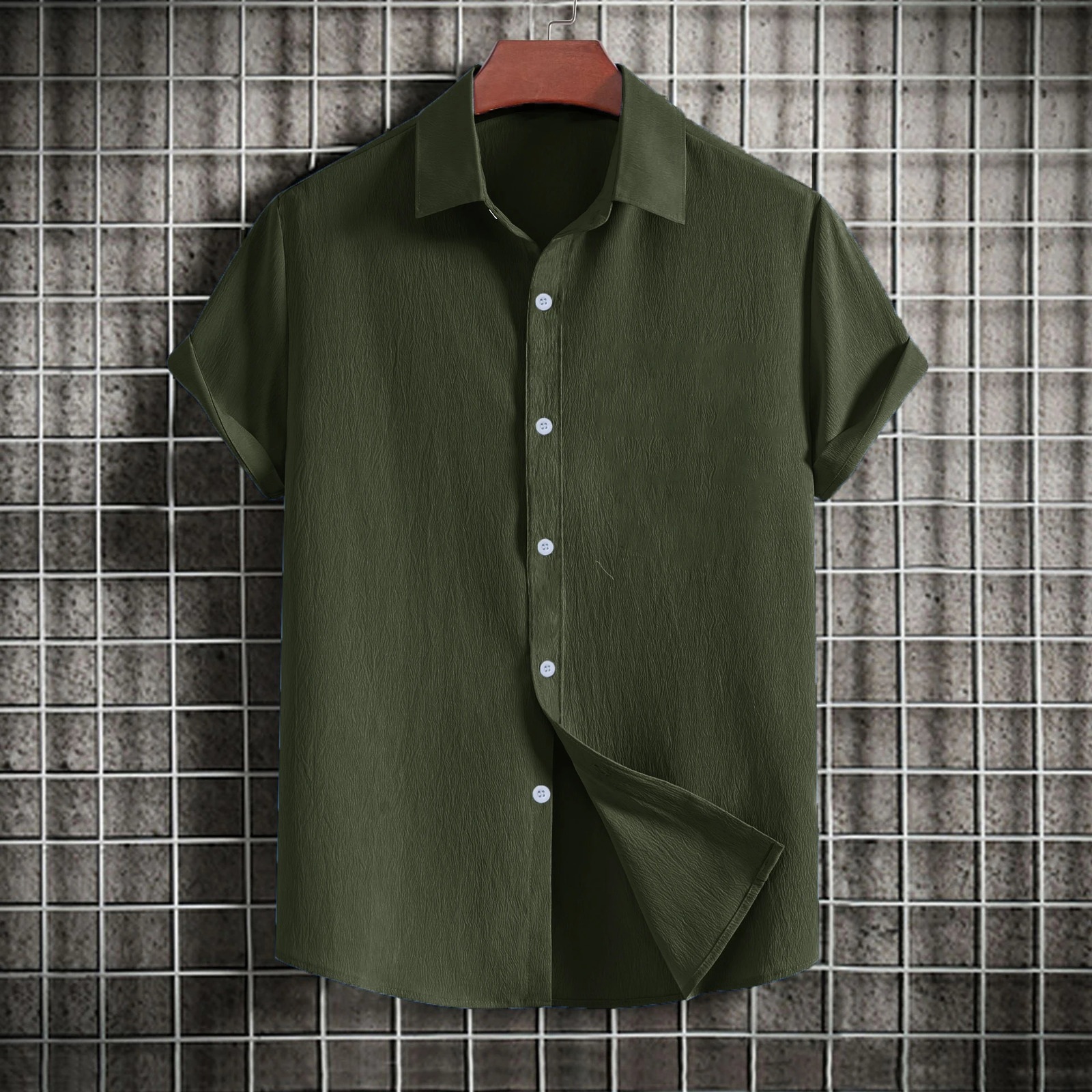 Mens casual short-sleeved solid color lapel shirt 250417