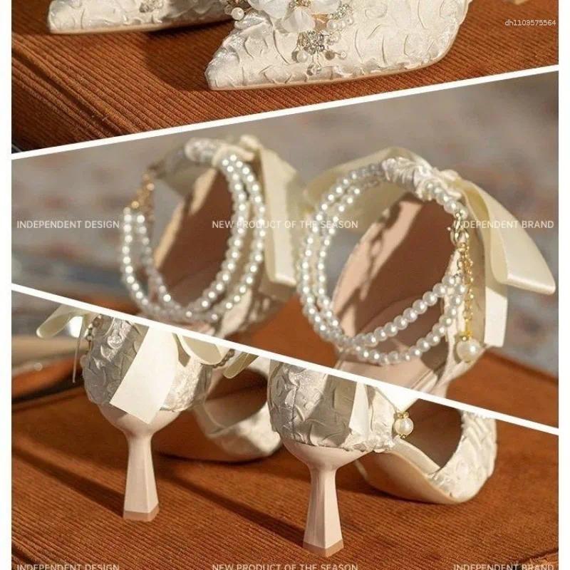 Dress Shoes Pearl Ankle Strap Bow Heels Designer Stiletto High Women Pumps Wedding Bride Ladies Party Prom