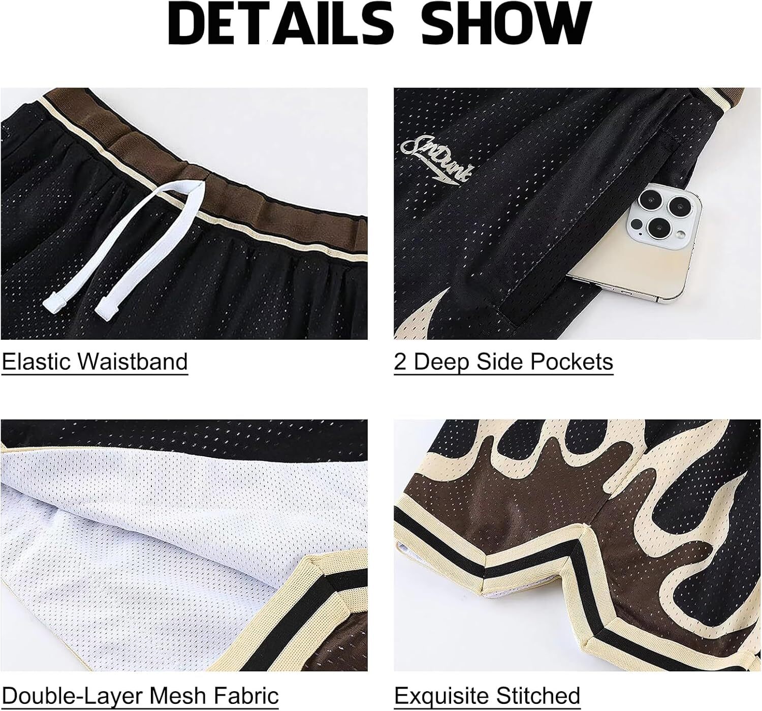 Men's flame patterned basketball cool running shorts, drawstring waist casual sports shorts