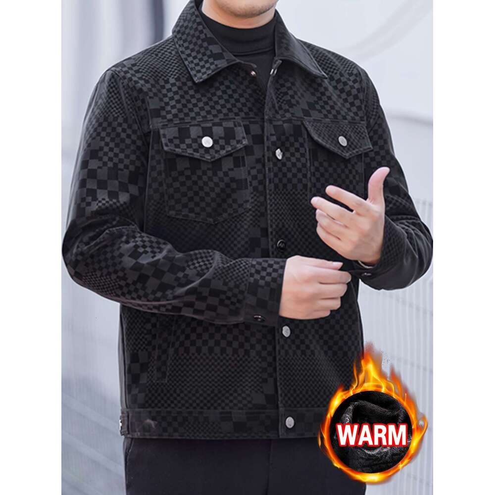 Men's Coat Polyester Men's Checkered PU Coat Jacket - Black Brown Houndstooth Pattern, Lapel Collar, Single-Breasted Button Front With Chest