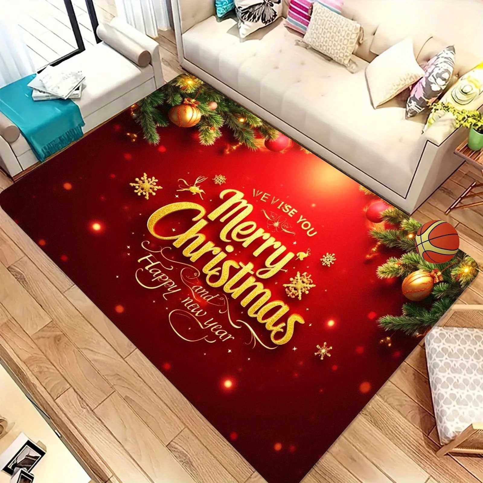Christmas New Year Doormat Carpet Red Golden Merry Christmas Print Non-Slip Polyester Machine Washable for Home Entrance DecorM251117