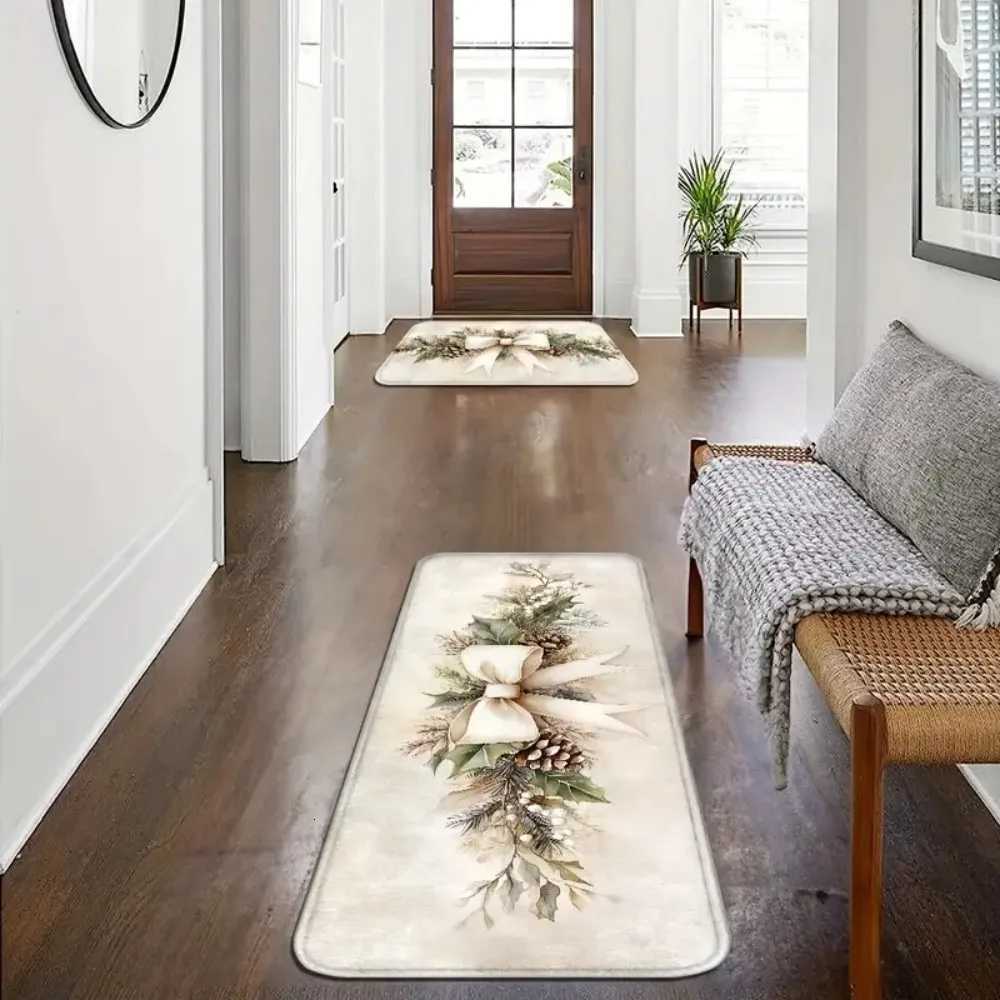 VIKAMA 1PC/2PC Christmas Bow Holly Leaf Doormat Indoor Entry Mat Front Doormat Kitchen Non-Slip Rug Holiday Home DecorM251117
