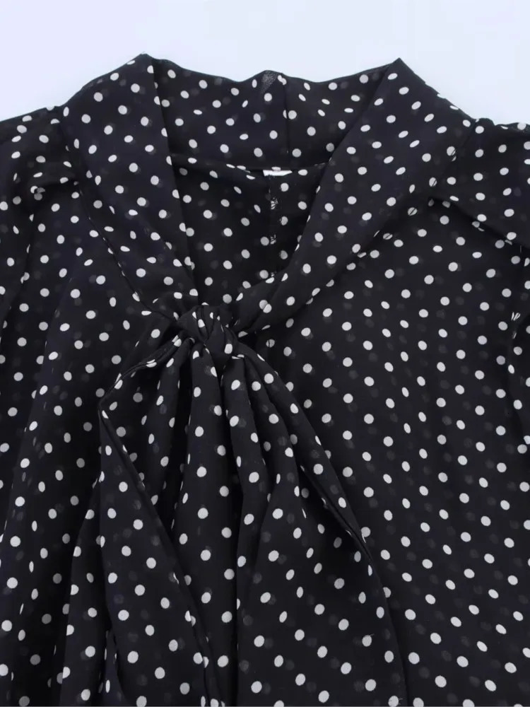 Cape Shirt With Tie Women Casual V Neck Lightweight Womens Blouse Polka Dot Lady Tops Long Sleeve Female Shirts Blousers 250417