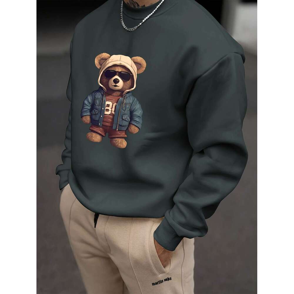 Men's Casual Polyester Sweatshirt With Creative Teddy Bear Print - Crew Neck, Loose Fit, Slight Stretch, Knit Fabric, Long Sleeve Pullover