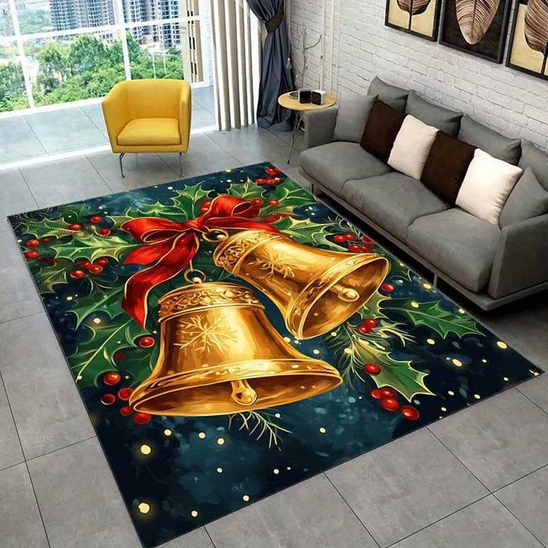 Christmas Bell Rug - Festive Gold Bells with Holly Berries for Holiday Dcor Winter Wonderland Carpets Skid resistant carpetM251117