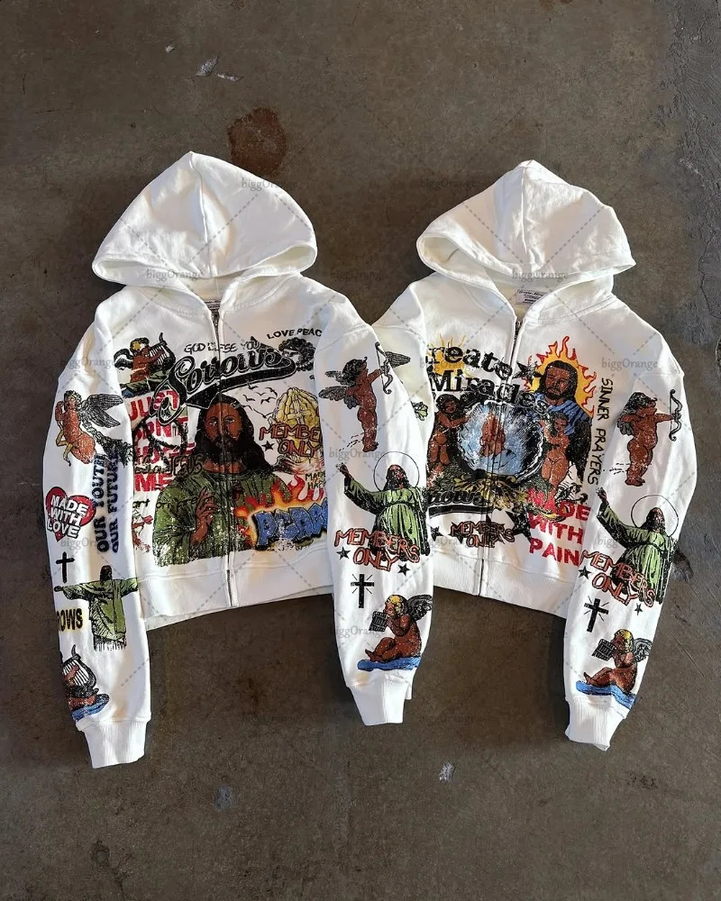 Hip-hop American Y2k Hoodie Godfather Print Fashionable Oversized Zipper Sweatshirt Women Casual Personality Retro Clothing Men 250415