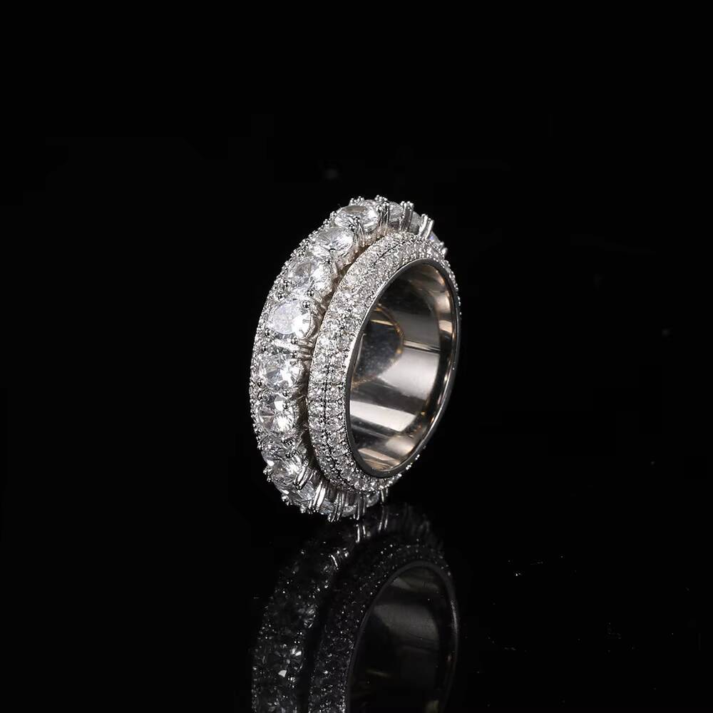 Moissanite Hip Hop Spin Ring Gold Plated Brass Pave CZ Stone Iced Out Rotating Ring for Men