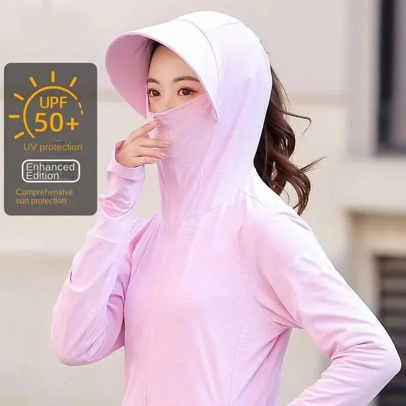 Womens Sunscreen Clothes Jacket with Hood and Hat UV Protection Coat for Cycling Ice Silk Thin 250415