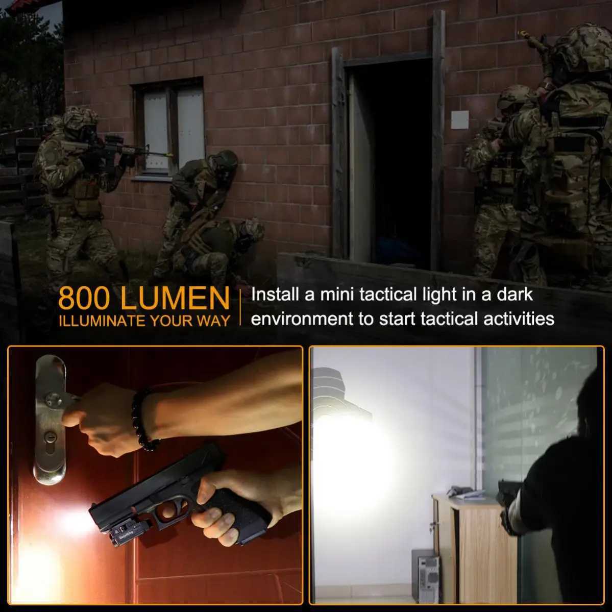 SecurityIng Flashlight Laser GF03 800 Lumens Tactical Mini Flashlight USB Rechargeable with 2 Modes Light for MIL-STD-1913 Rails M251117