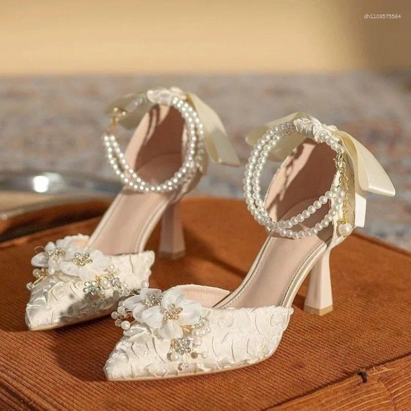 Dress Shoes Pearl Ankle Strap Bow Heels Designer Stiletto High Women Pumps Wedding Bride Ladies Party Prom