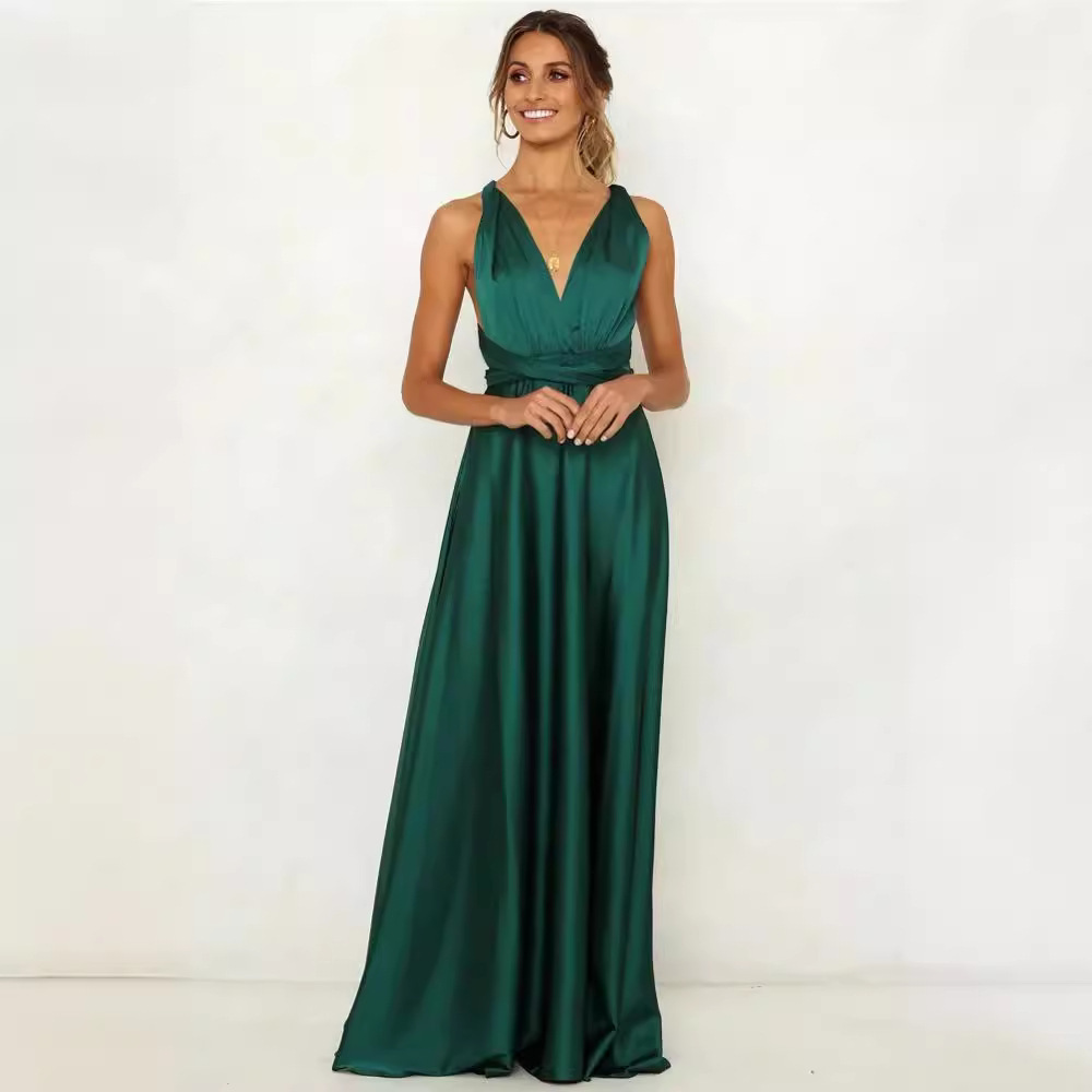 F1010 New European and American Summer Women's Dress, Amazon Deep V Solid Color Satin Long Dress