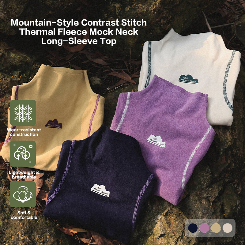 Mountain-Style Contrast Stitch Thermal Fleece Mock Neck Long-Sleeve Top, Wear-Resistant Lightweight Breathable Soft Outdoor Hiking Sweatshirt 25AG1135