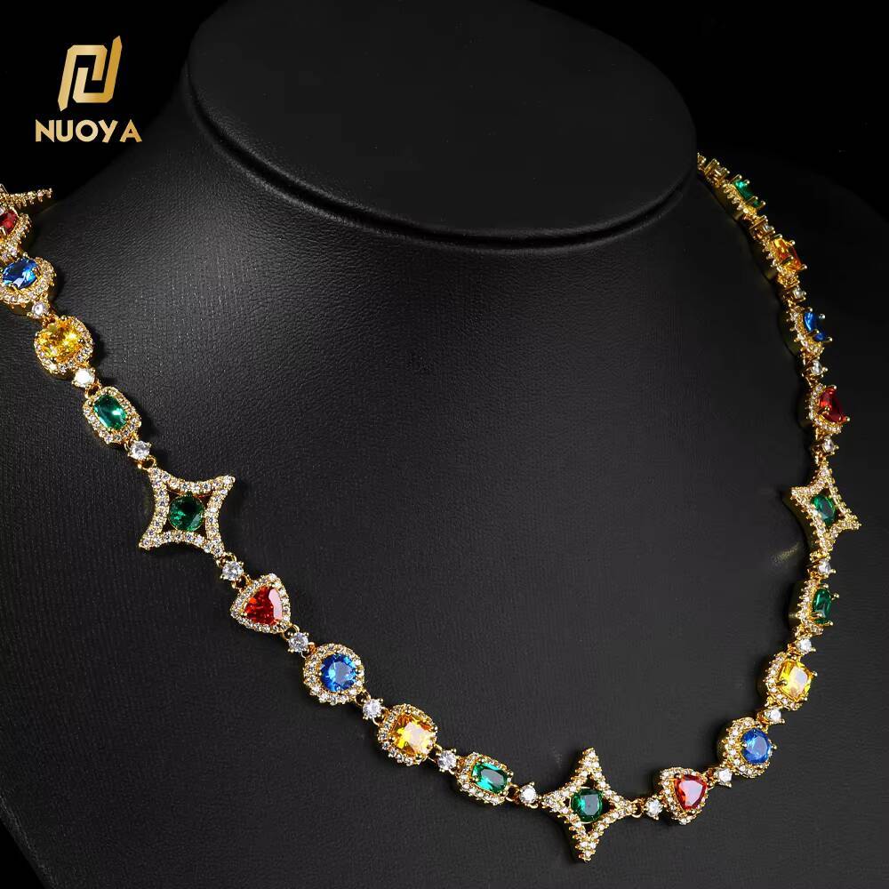 NUOYA Geometric Link Necklace New Collection Colorful Zircon Stones Colored Gemstone Motif Chain Hip Hop Jewelry