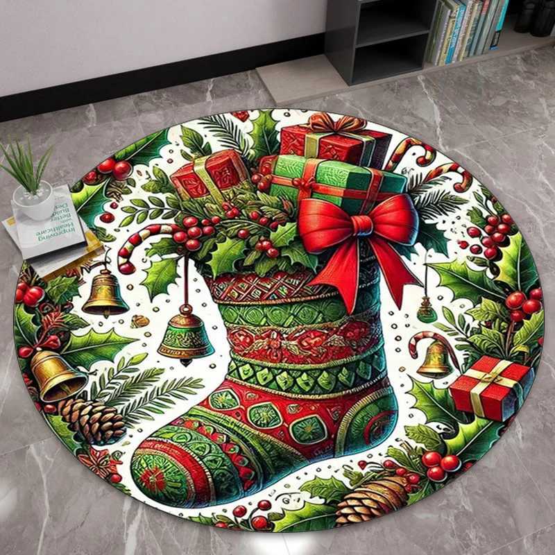 Christmas Stocking Gift Pattern Round Crystal Velvet Rug Holiday Decoration Floor Mat Xmas Tree Base Red Green Festive CarpetM251117