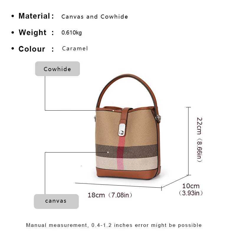 New canvas paired with cowhide womens shoulder crossbody bag fashionable plaid pattern bucket bagW251115