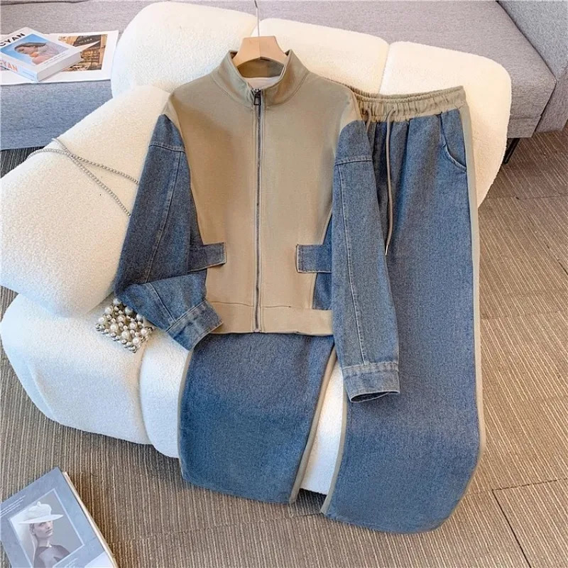 Y2K Vintage Denim Two-Piece Set Patchwork Long Sleeve Coat & High Waist Wide Leg Pants for Women - Loose Straight Fit C260312