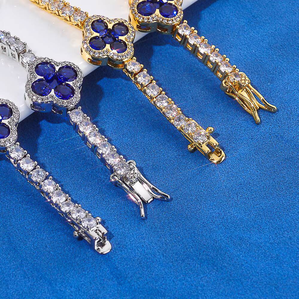 NUOAY Hip Hop Jewelry 3mm Iced Out VVS Moissanite Tennis Chain Four Leaf Clover 925 Silver Necklace Gift for Men Women