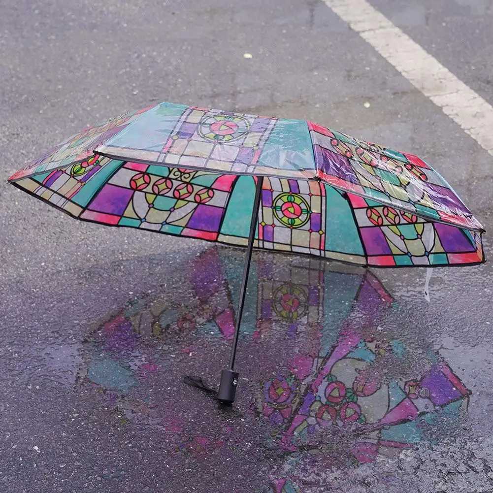 Creative Automatic Umbrella Three-fold Transparent Unique Colorful Glass Pattern Long Handle Ultra-large Lightweight Umbrella C251117