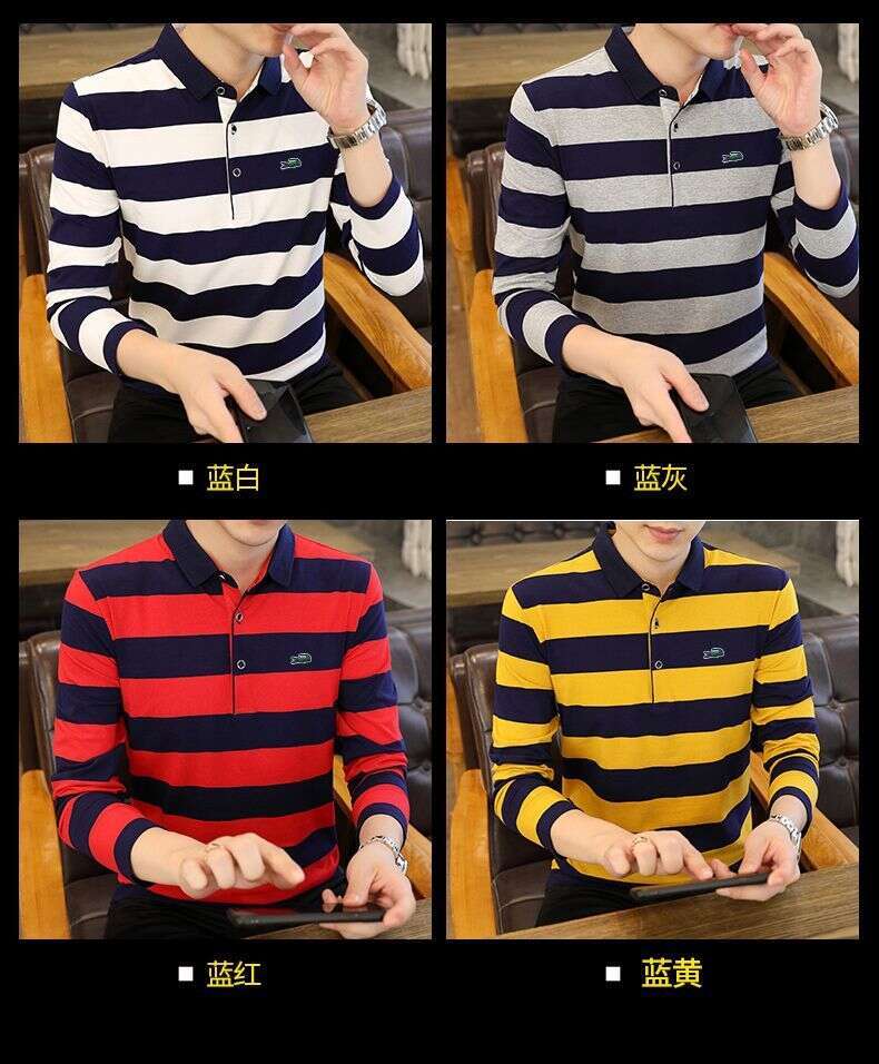 Noble Crocodile Pure Cotton designer Striped Long Sleeve T-Shirt Turn-Down Collar Men's Polo Base Middle-Aged Dad's Autumn Shirt