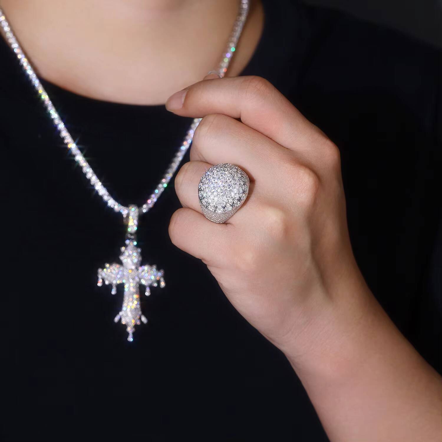 S925 Sterling Rhodium Plated Pave Round Moissanite Cuban Ring for MenCustom Solid GoldLab Diamond Available