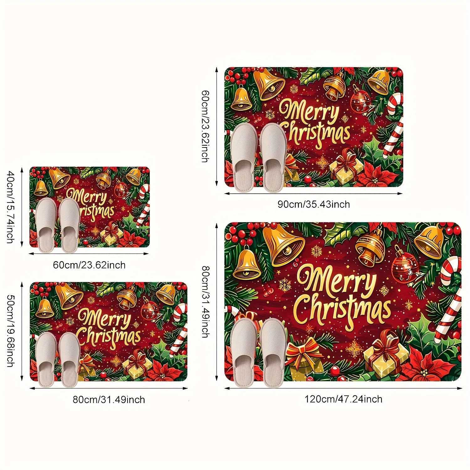 Christmas Cheer Extra Large Doormat with Bells and Flowers - Indoor/Outdoor Welcome Mat for Home Decor Farmhouse Style Thick FM251117