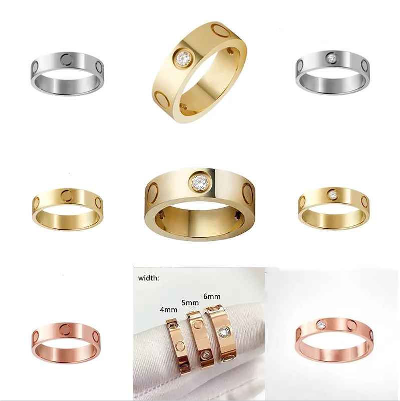 4mm 5mm 6mm Fashion Womens Ring Mens Designer Heart Rings Couple Jewelry Titanium Steel Band Fashion Classic Gold Sier Rose Color screw With diamonds Size 5-11
